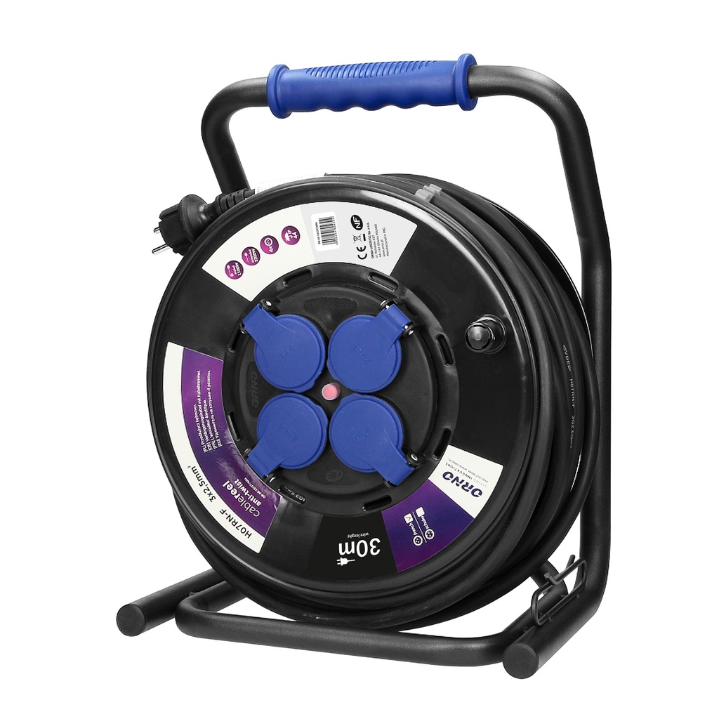 140694-Professional cable reel, IP44, 4 sockets 2P+E, rubber oil-resistant cord, H07RN-F 3x2.5mm² - 30m, unique CUBE stand, 4 fixed sockets, thermal switch and safety shutters