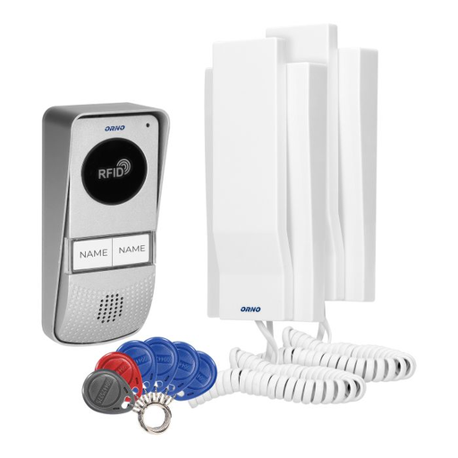 [ORNOR-DOM-AT-930/W] 140558 - Two-family doorphone set MIZAR MULTI with intercom function, surface mounted with proximity tag reader, external panel and an indoor handset, and it directly controls electric strike and gate opening