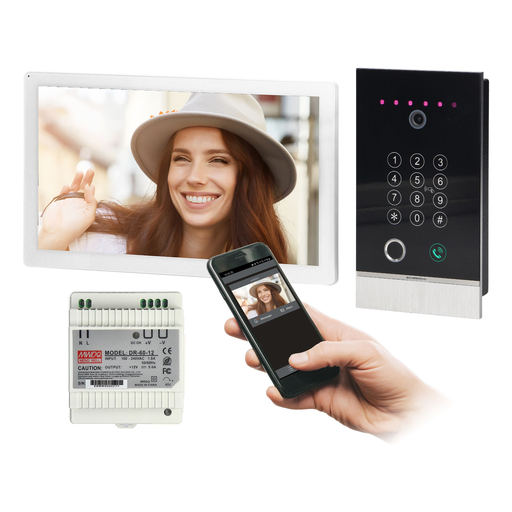140580 - GUARDO 10" single family video doorphone set, white set is equipped with touchscreen LCD 10" monitor, fingerprint reader, proximity reader and code lock, App-controlled, flush-mounted