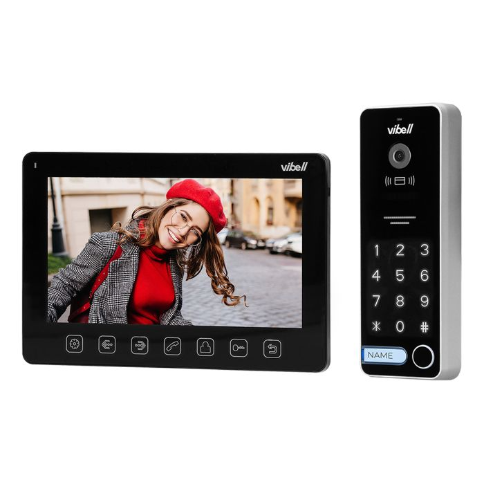 140589 - ALCOR videodoorphone, black set includes a multicolour, ultra-flat 7" LCD monitor, wide-angle video-camera, a user-friendly OSD menu, numeric keypad and a RFID reader.