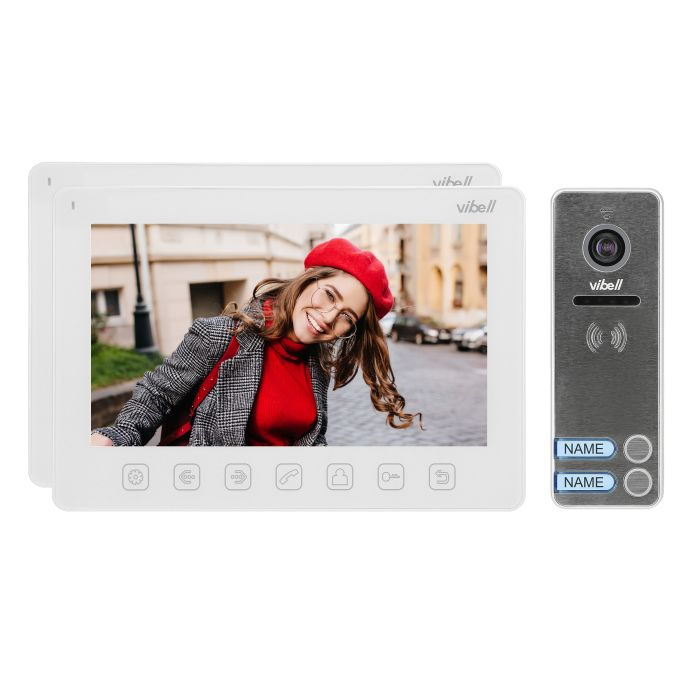 140594 - NOVEO MULTI2 two-family videodoorphone, white does not require any uniphone;  includes a multicolour, flat 7" LCD monitor,wide-angle video-camera and a user-friendly OSD menu