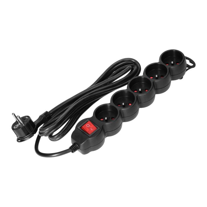 147074-Extension sockets 5x 2P+E with a switch, 5m H05VV-F 1x1.5mm2, Imax=16A, black