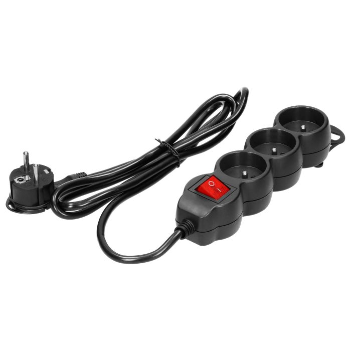 147060- Multiprise 3x avec interrupteur et câble 1,5m H05VV-F 3x1,5mm2, Imax=16A 3680W Noir I Belgique