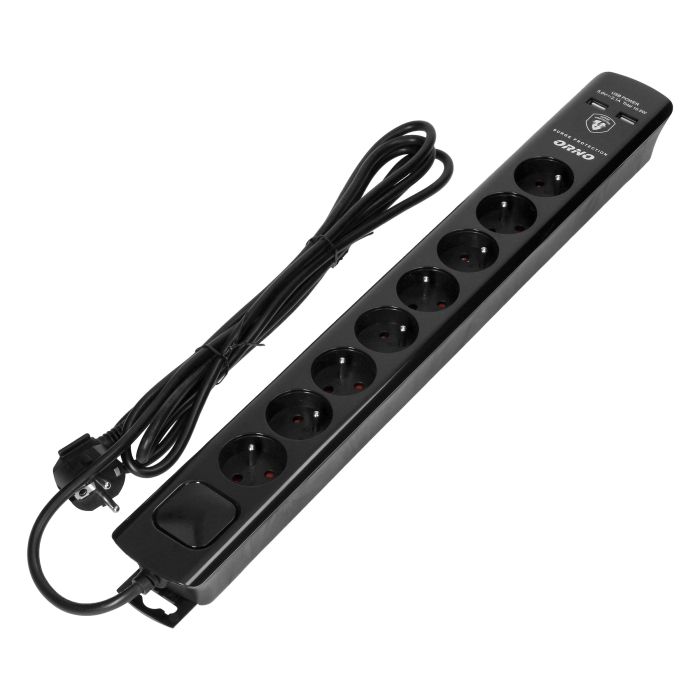 140692-Power strip with surge protection, 8 sockets 2P+E, 3x1.0mm2 cable, 3m long, with a two-way backlit switch, 10A / 230 VAC, surge protector type 3, 2xUSB 2.1A charger, black
