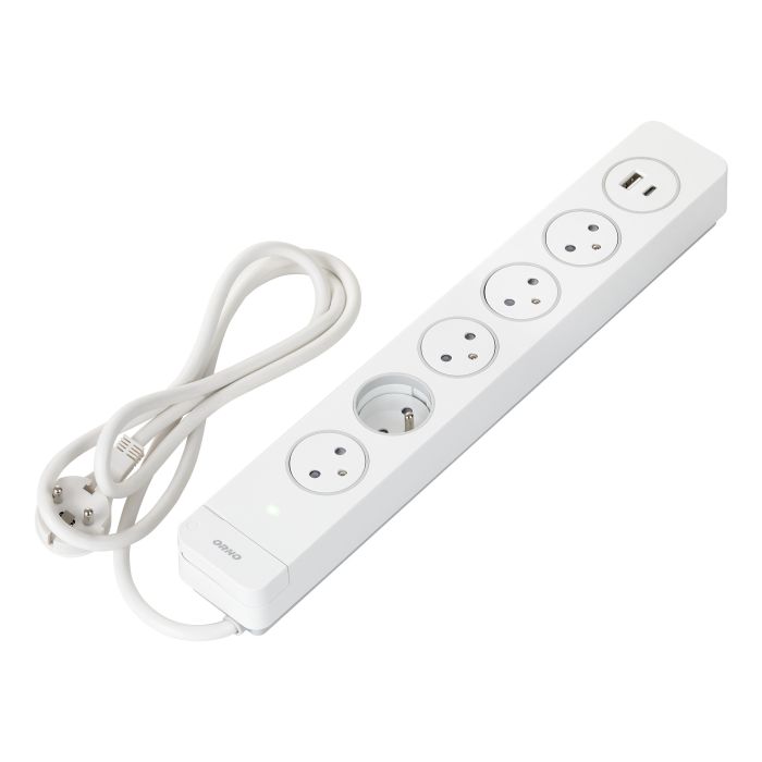 140693-Power strip with SPD and 5 sockets 2P+E, Easy Eject system, 1.5m cable, main switch with backlight and 2 quick USB chargers (A + C)