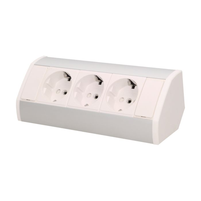 141184 - Furniture socket, silver-white, Schuko A set of three network sockets with grounding and current circuit's diaphragms, ideal for mounting in cabinets, display cases and display cabinets.