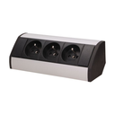 141170 - Furniture socket, silver-black A set of three network sockets with grounding and current circuit's diaphragms, ideal for mounting in cabinets, display cases and display cabinets.