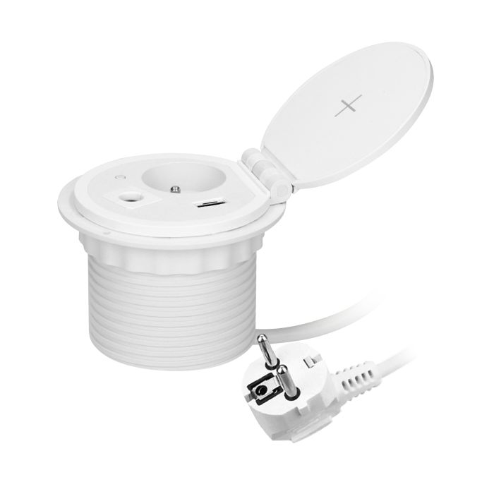 141140 - Recessed desk socket, white Ø8cm with induction charger, 2 USB ports (A, C) for quick charging and 1.8m cable with cable gland, 2,4A 5V