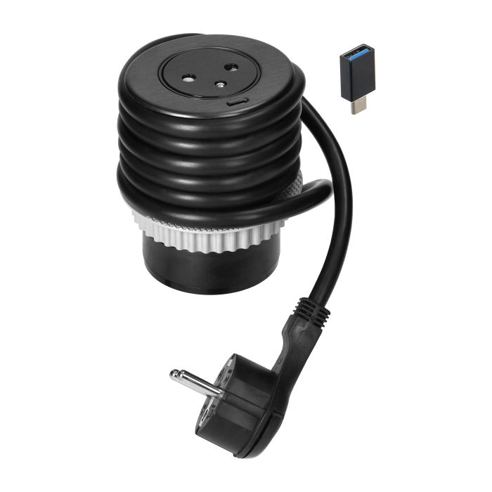 141139 - Flush-mounted furniture socket 2P+E with EasyEject system, USB QC 3.0, 1.5m cable + USB adapter