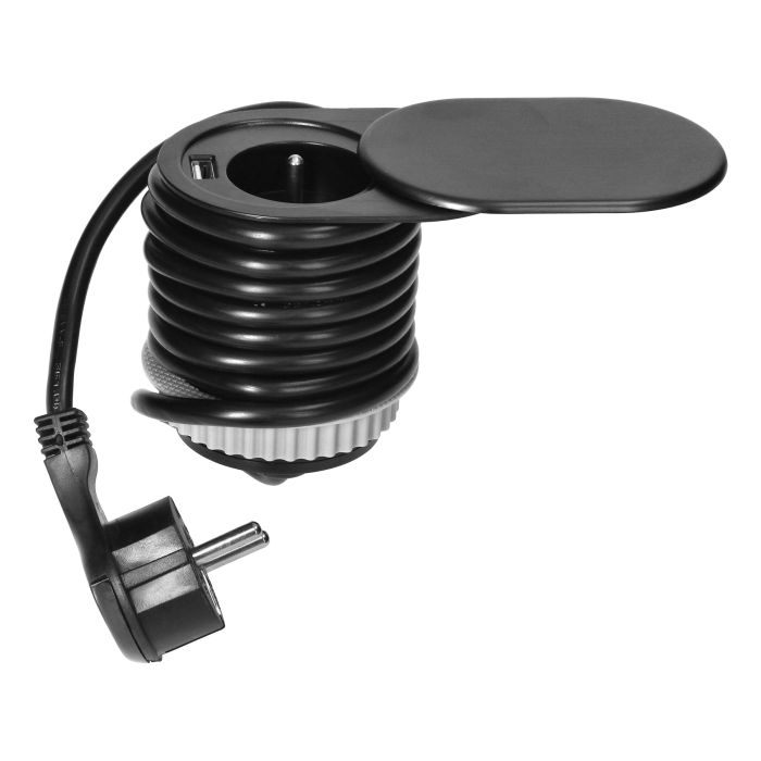 141138 - Flush-fitting furniture socket Ø6cm with sliding cover, USB charger 1x2P+E, 1xUSB, cable: 1,9m, black