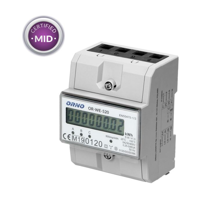 140816 - 3-phase energy meter, 80A Power supply: 230V ~, 50Hz, base current: 5A, max. electricity: 80A, min. current: 0.25A, pulse frequency: 800 imp / kWh