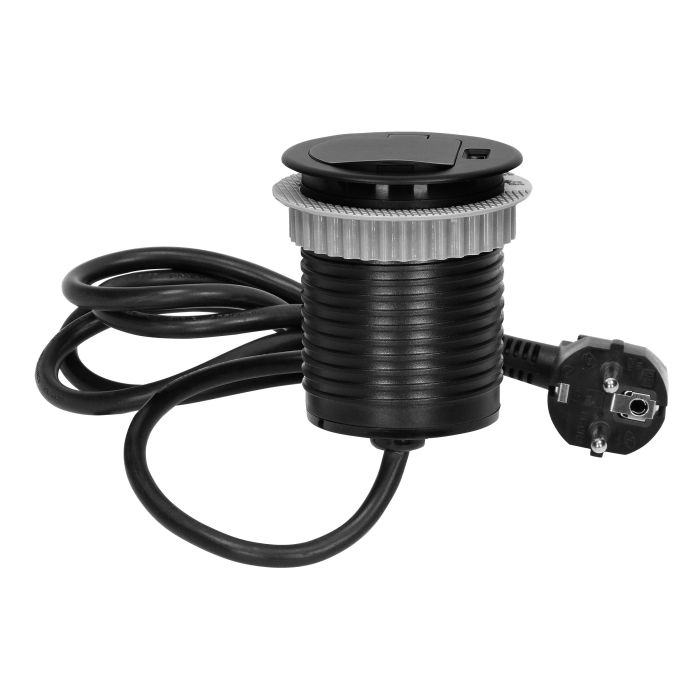 141136 - Flush-fitted furniture socket, black Ø6cm with protective cover, USB charger and 1.9m cable, 1x2P+E, 1xUSB