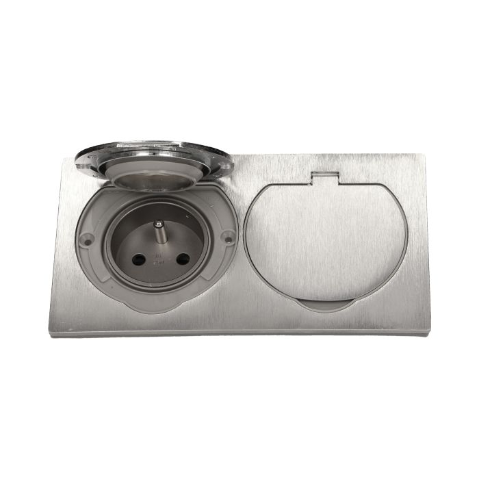 141133 - Hermetic, flush-fitting double socket current rating: 16A, voltage: 230V, socket type: 2 x 2P+E, protection rating: IP 55, rated load: max. 3680W, material: stainless steel