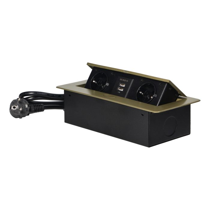 141102 - Recessed furniture socket with two USB chargers and 1.5m long cable, brass 230V AC/ 50 Hz; 2 x 2P+E (Schuko); 3600W; USB output: 5V DC/2,1A; available colors: brass