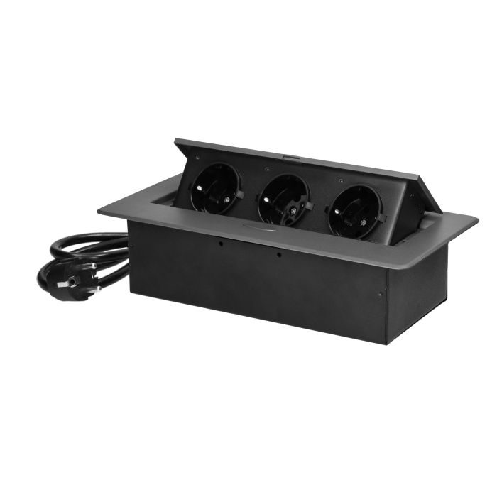 141093 - Recessed furniture socket with flat milled edge, 1.5m cable, 3x2P+E (Schuko), graphite