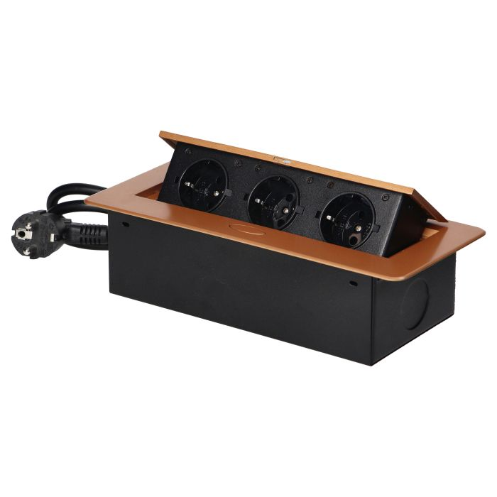 141091 - Recessed furniture sockets, gold in a housing with a flat edge and a 1.5 m cable, 3x2P+E (Schuko)