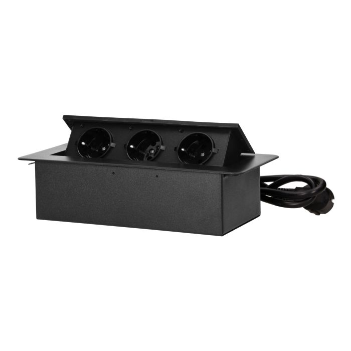 141090 - Recessed furniture socket with 1.5m cable, black, Schuko power supply: 230V AC / 56-60Hz; maximum load: 3680W; protection rating: IP20; colour: silver