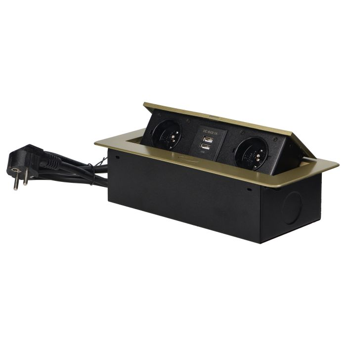 141069 - Recessed furniture socket with two USB chargers and 1.5m long cable, brass 230V AC/ 50 Hz; 2 x 2P+E; 3600W; USB output: 5V DC/2,1A; available colors: brass