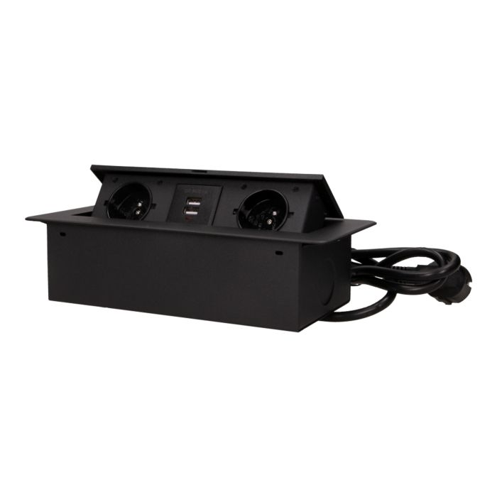 141067 - Recessed furniture socket with two USB chargers and 3m long cable, black 230V AC/ 50 Hz; 2 x 2P+E; 3600W; USB output: 5V DC/2,1A; available colors: black
