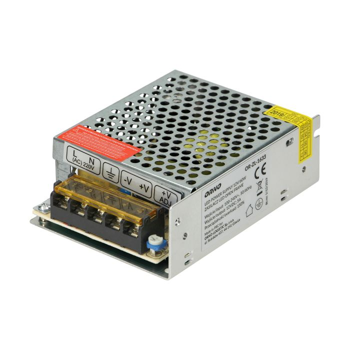 140855 - Open frame power supply unit 60W, 12V, IP20 equipped with short-circuit and overload protection, and an output voltage adjustment; instantaneous overload 150%