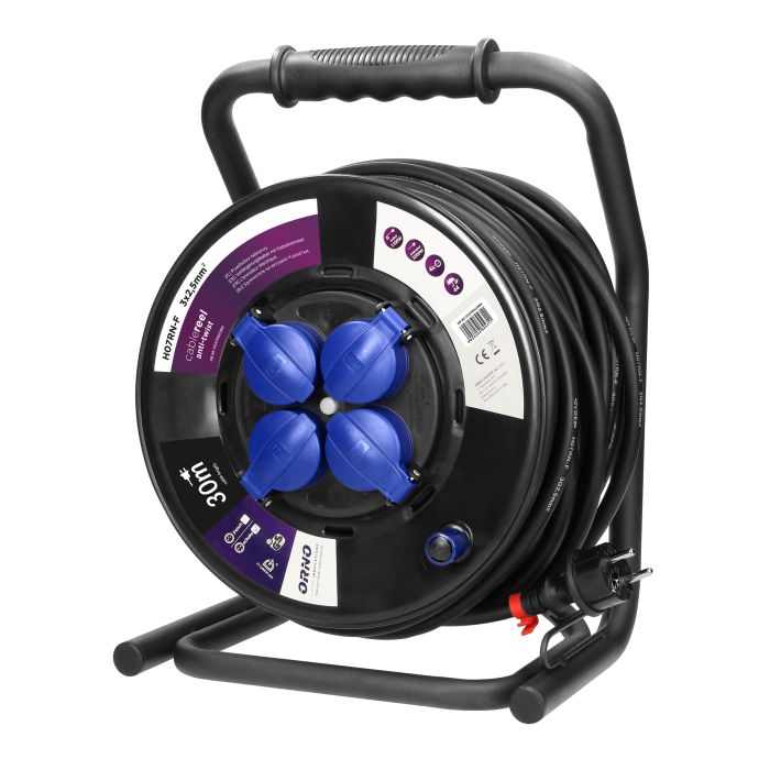 141035 - Cable reel with 4 fixed sockets, 30m, Schuko IP44, 4 sockets 2P+E, rubber oil-resistant cord, H07RN-F 3x2.5mm2, unique CUBE stand, 4 fixed sockets, thermal switch and safety shutters