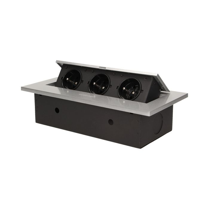 141037 - Recessed furniture socket 3x2P+E, silver power supply: 230V AC / 56-60Hz; maximum load: 3600W; protection rating: IP20;