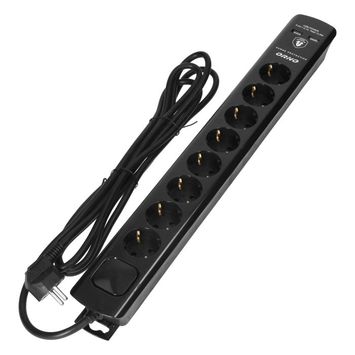 140996 - Power strip with surge protection, 8 sockets 2P+E (Schuko), 3x1.0mm2 cable, 3m long, with a two-way backlit switch, 10A / 230 VAC, surge protector type 3, 2xUSB 2.1A charger, white