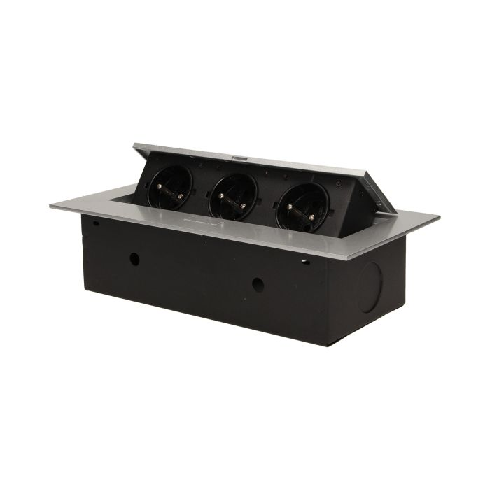 141041 - Recessed furniture socket 3x2P+E, silver power supply: 230V AC, 3x16A, ; maximum load: 3600W; protection rating: IP20;
