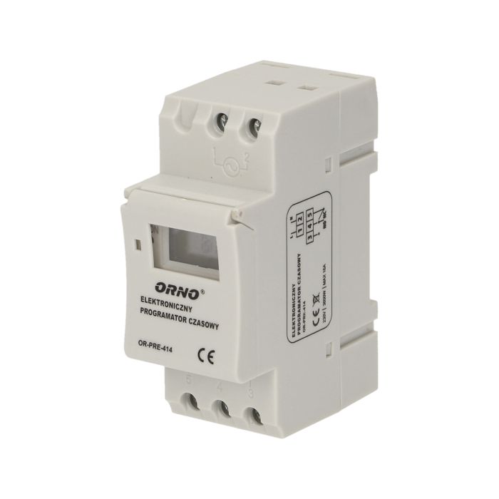 140077-DIN rail digital timer 16 time programs; daily or weekly cycle; 12 or 24 hour mode; LCD screen-ORN