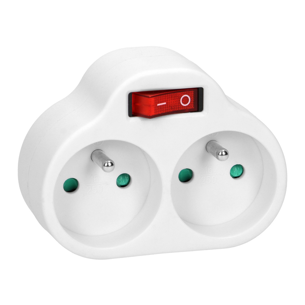 140103- Power splitter with 2 round sockets and a central switch, white, for Belgium and France -ORN