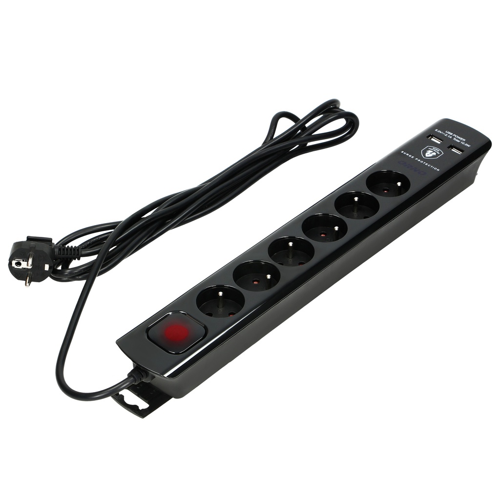 140141-Power strip with surge protection and main switch, black 6 sockets, 2 USB chargers, cable 3x1mm2, 3m long, total power consumption of 2300W, for Belgium and France -ORN