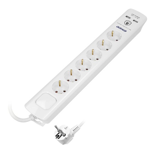 [ORNORAE13163(GS)/3M] 140143-Power strip with surge protection and main switch, schuko 6 schuko sockets, 2 USB chargers, cable 3x1,5mm2, 3m long, total power consumption of 3680W, for Netherlands and Germany -ORN
