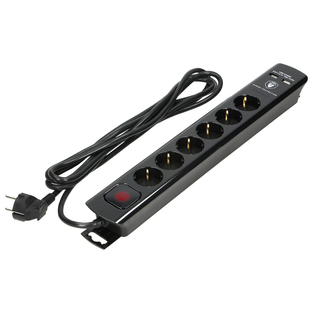 140144-Power strip with surge protection and main switch, schuko, black 6 schuko sockets, 2 USB chargers, cable 3x1,5mm2, 3m long, total power consumption of 3680W, for Netherlands and Germany -ORN