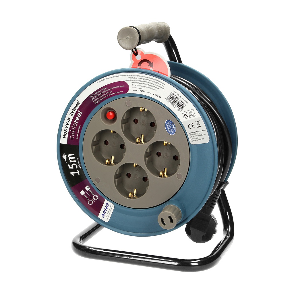 140145-Cable reel, gray, schuko power supply: 4 x 250V AC; maximum load: 2500W; 15 m cable, gray-ORN