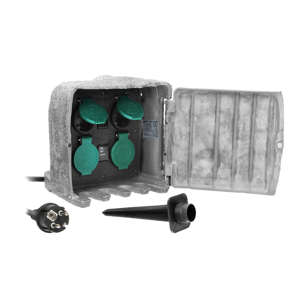 140159-Garden socket "Stone", schuko 4 sockets 2P+Z, rubber cable H07RN-F 3x1.5mm2, 3m , 2 operating modes-ORN