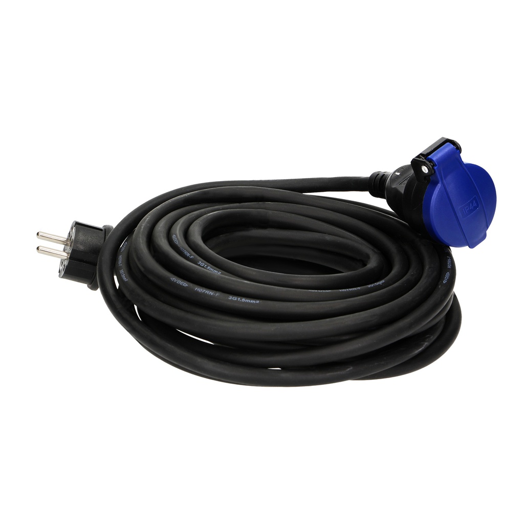 140162-Heavy-duty extension cord with rubber cord 10m long IP44, 1x2P+Z, H07RN-F 3x1,5mm2, 230VAC/16A-ORN