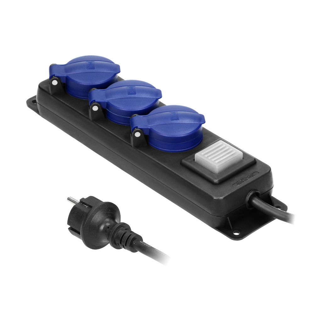 140179-Heavy-duty, splash-proof extension sockets, 3m, schuko with central switch and rubber cord, 3 sockets 2P+E, IP44, H05RR-F 3x1.5mm2-ORN