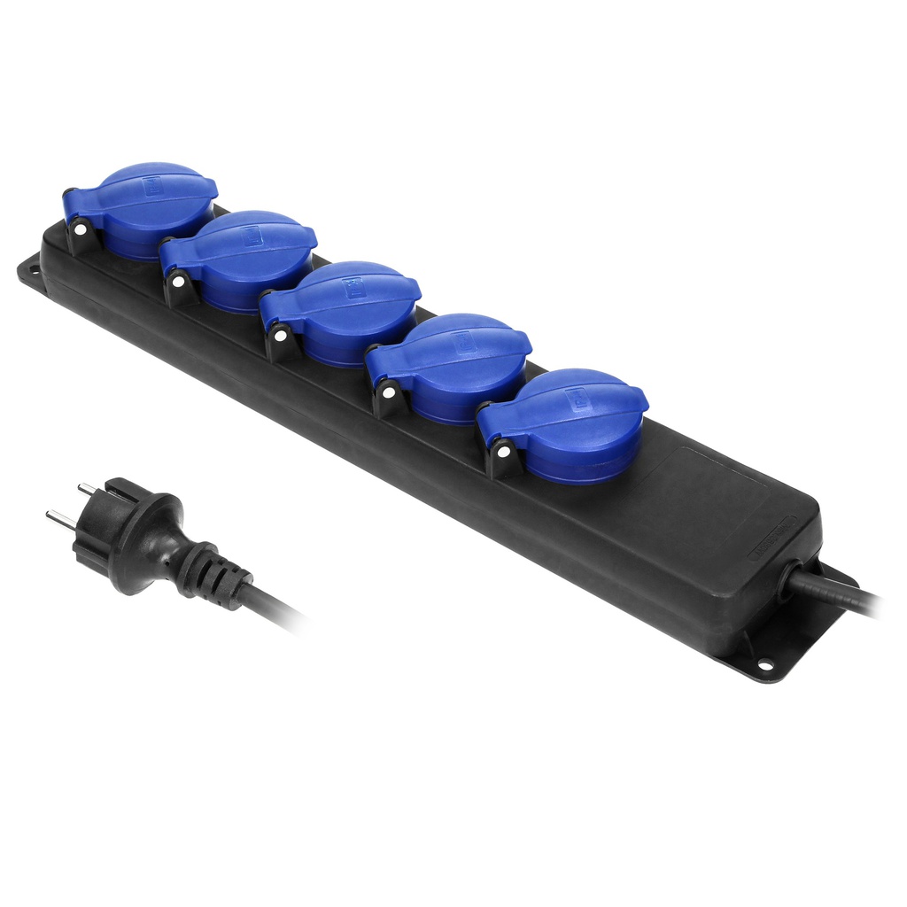 140181-Heavy-duty, splash-proof extension sockets, 5m, schuko with rubber cord, 5 sockets 2P+E, IP44, H05RR-F 3x1.5mm2-ORN