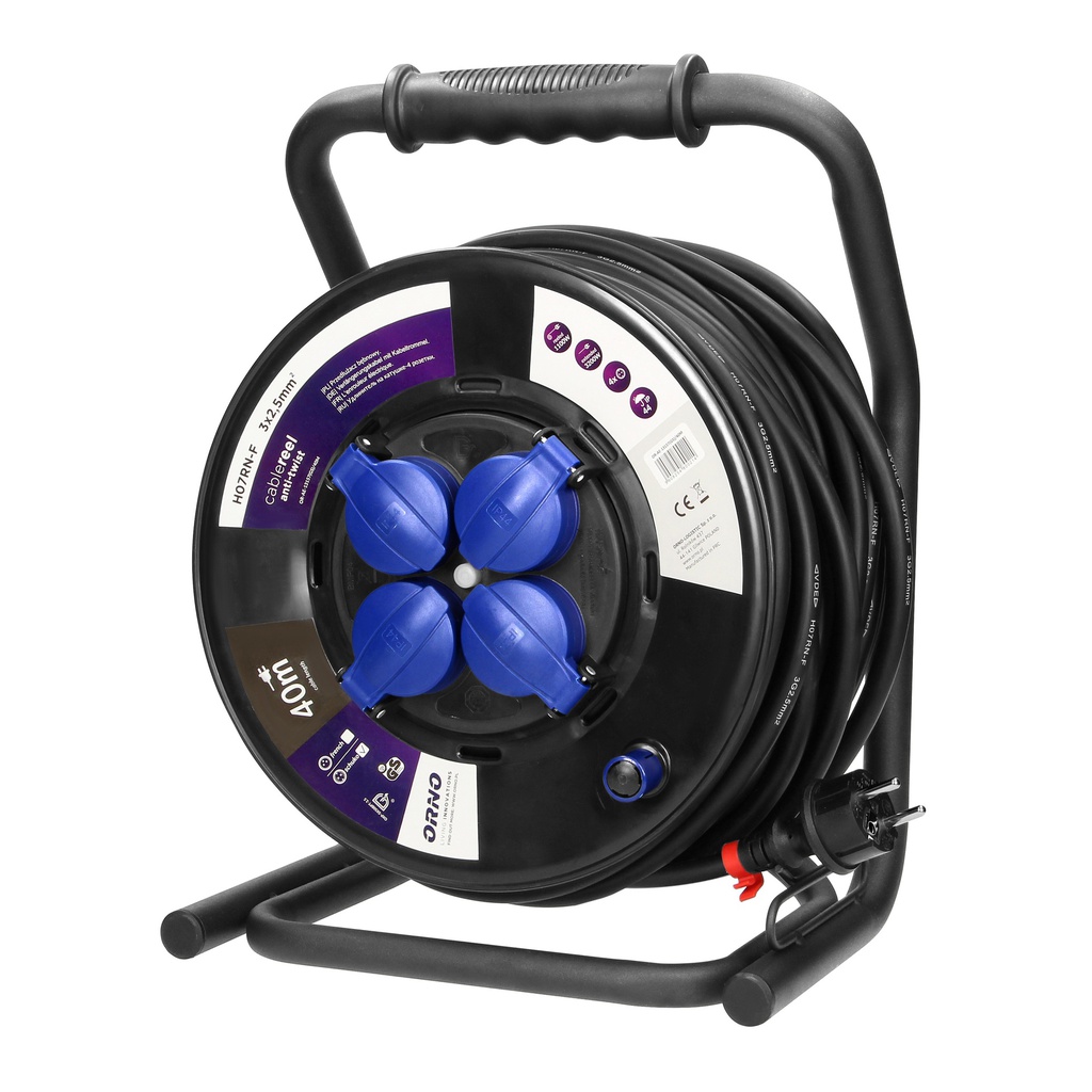 140185-Cable reel with 4 fixed sockets, 40m, schuko rubber cord, IP44, H07RN-F 3x2.5mm2 - 40m, with an anti-twist system, a metal CUBE stand, an overload protection, rubber carrying grip, a rotary drum winding handle, reel rotation lock and an insulated IP 44 pl-ORN