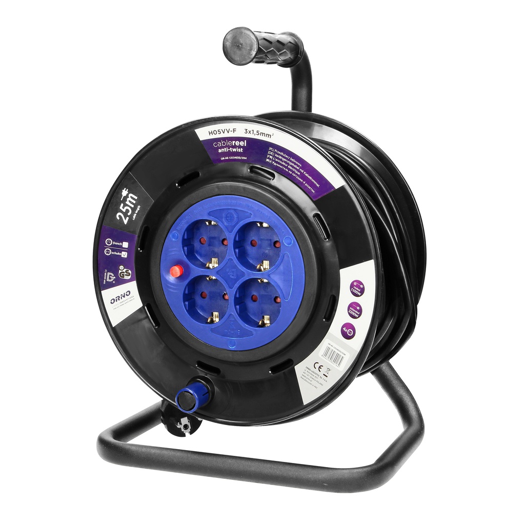 140186-Cable reel with 4 fixed sockets, 25m, schuko PVC, H05VV-F 3x1.5mm2 - 25m, with an  anti-twist system, overload protection, a rubber carrying grip, a rotary drum winding handle, reel rotation lock and an insulated IP 44 plug-ORN