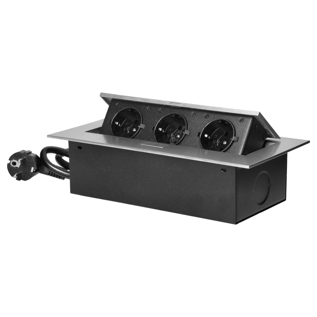 140195-Recessed furniture sockets, Schuko in housing with flat edge, 1.5m cable (3x1,5mm2), silver, 3x2P+E -ORN