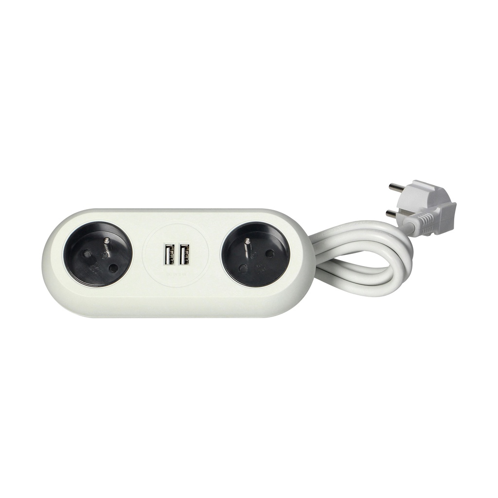 140197-Desktop extension socket  with USB chargers and clamp holders - 2 x 2P+E sockets, 2xUSB, cord 3x1mm2, 1.5m long, white-ORN