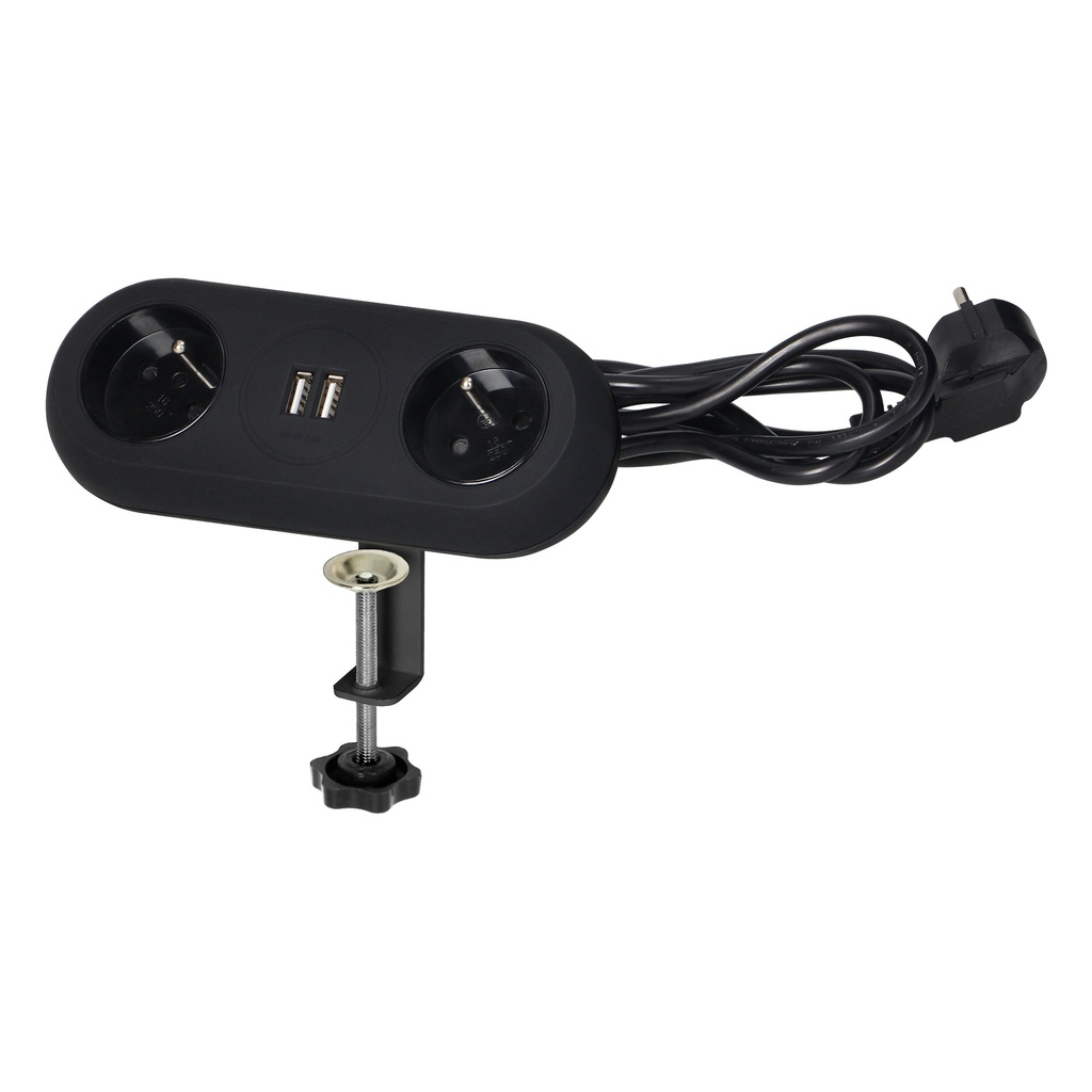 140198-Desktop extension socket  with USB chargers and clamp holders - 2 x 2P+E sockets, 2xUSB, cord 3x1mm2, 1.5m long, black-ORN