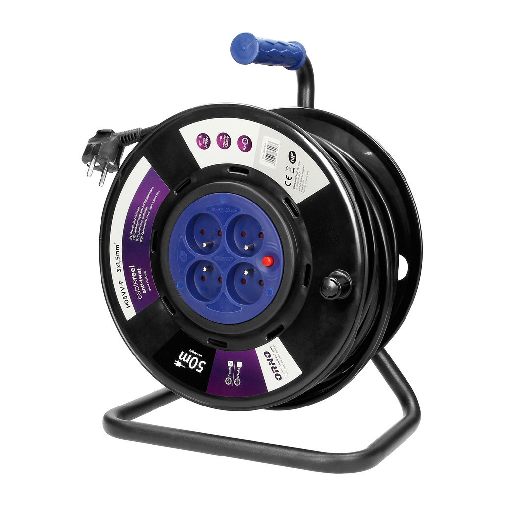 140191-Cable reel with 4 fixed sockets, 50m PVC, H05VV-F 3x1.5mm2 - 50m, with an  anti-twist system, overload protection, a rubber carrying grip, a rotary drum winding handle, reel rotation lock and an insulated IP 44 plug-ORN