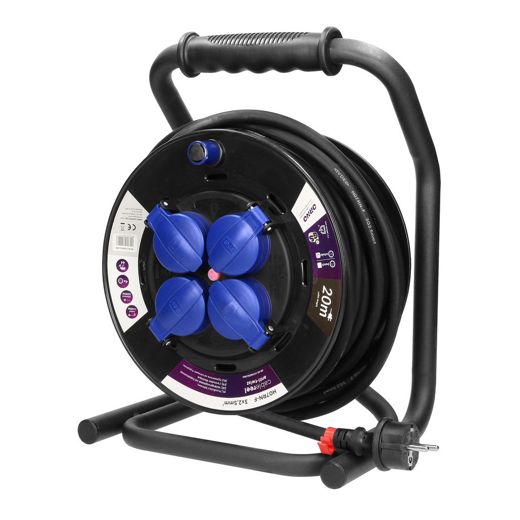 140282-"Cable reel with 4 fixed sockets, 20m, Schuko rubber cord, IP44, H07RN-F 3x2.5mm2 - 20m, with an anti-twist system, a metal CUBE stand, an overload protection, rubber carrying grip, a rotary drum winding handle, reel rotation lock and an insulated IP 44 plug"