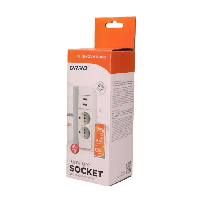[ORNOR-GM-9003/W-G(GS)] 140321- Meubelstopcontact met USB-oplader, zilver-wit, schuko, voor Nederland en Duitsland -ORN