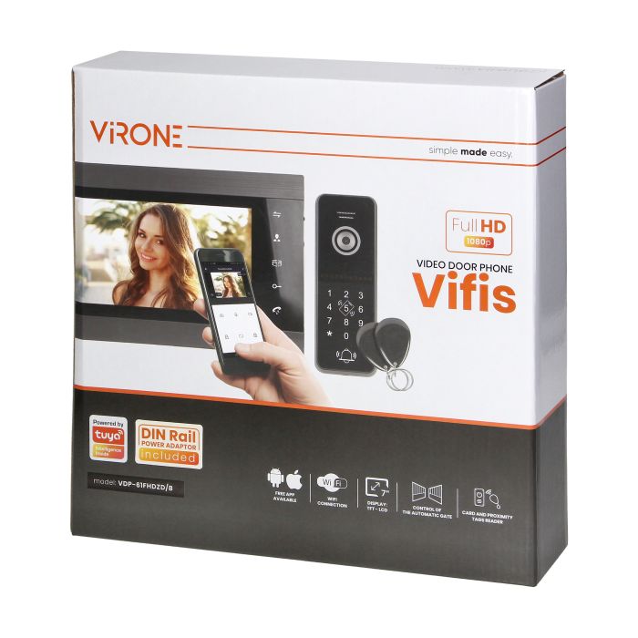 [ORNVDP-61FHDZD/B] 140360-140360-VIFIS FHD video-intercomset (handsetvrij, codeslot, kaart-/proximity-taglezer, mobiele app-gestuurd, DIN-rail voeding, zwart)