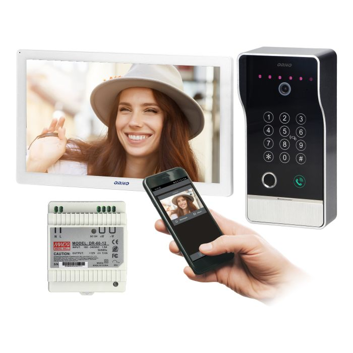 [ORNOR-VID-MO-1076/W/S] 140581 - GUARDO 10" single family video doorphone set, white set is equipped with touchscreen LCD 10" monitor, fingerprint reader, proximity reader and code lock, App-controlled, surface-mounted