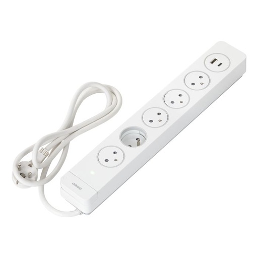 [ORNOR-AE-13234/W/1,5M] 140693-Power strip with SPD and 5 sockets 2P+E, Easy Eject system, 1.5m cable, main switch with backlight and 2 quick USB chargers (A + C)