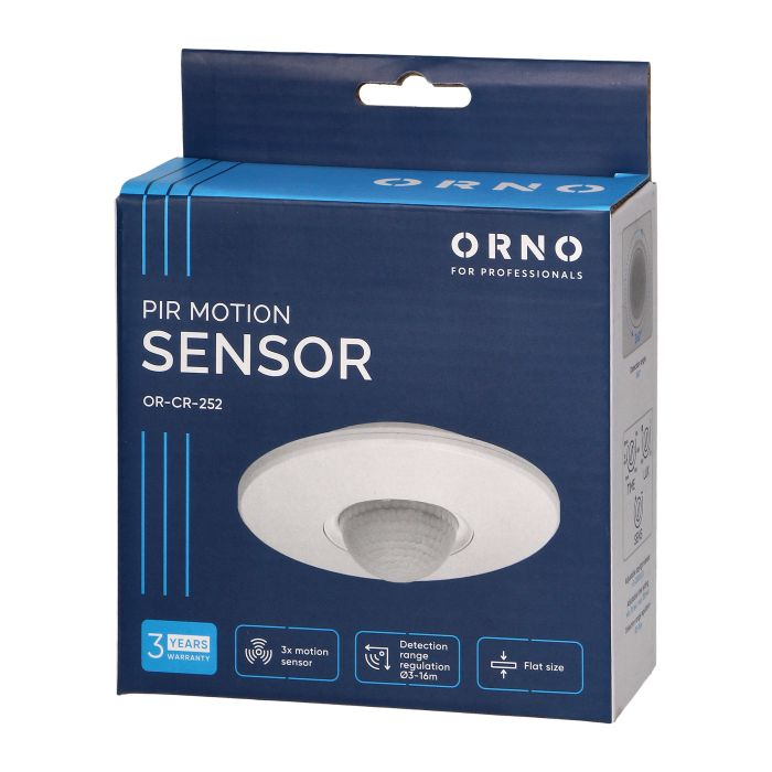 [ORNOR-CR-252] 140702 - PIR motion sensor with 3 detectors, IP 20 protection rating: IP 20, viewing angle: 360°, collaborates with LED lighting, adjustable detection range: Ø3-16m